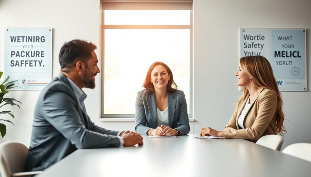 A professional office environment, emphasizing the theme of mental health in the context of workplace safety. In the foreground, a diverse group of three employees, one male and two females, dressed in smart business attire, engage in a collaborative discussion around a conference table. Their expressions convey openness and support. In the middle ground, a large window with soft, natural daylight filters through, casting a warm glow that creates a calm atmosphere. The background features motivational posters about mental well-being and workplace safety. The overall mood is positive and uplifting, symbolizing the importance of mental health in professional settings. The composition is shot from a slightly elevated angle, capturing the interaction among the team while highlighting the welcoming office decor.