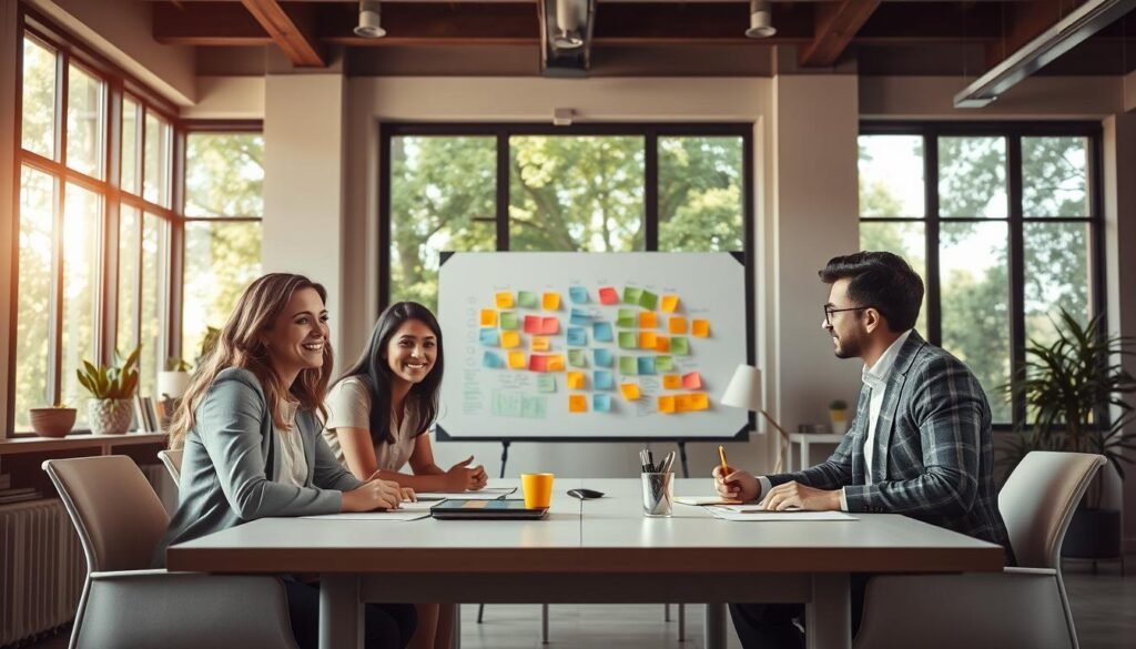A serene and inspiring office environment that emphasizes mental health and productivity. In the foreground, a diverse group of three professionals, two women and one man, are engaged in a collaborative discussion around a large table, displaying expressions of focus and positivity, dressed in smart casual attire. In the middle, a whiteboard filled with colorful post-it notes and brainstorming ideas bridges their conversation, symbolizing teamwork and thought processes. In the background, large windows allow warm natural light to flood the room, illuminating greenery from outside, creating a calming atmosphere. The overall mood is uplifting and collaborative, showcasing the importance of mental wellness in the workplace to enhance productivity and creativity.