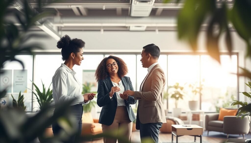 A serene office environment reflecting the theme of mental health in the workplace. In the foreground, a group of three diverse professionals—two women and one man—are engaged in a supportive discussion, demonstrating empathetic body language. They are dressed in smart casual attire, suitable for a business setting. In the middle, a bright workspace filled with plants and soft, natural light streaming through large windows, creating an inviting atmosphere. Background elements include motivational posters and cozy seating areas that encourage relaxation. The overall mood is uplifting and peaceful, symbolizing the importance of mental well-being in professional life. The scene is framed with a slight depth of field to focus on the interaction while keeping the background slightly blurred, enhancing the sense of a collaborative, supportive environment.