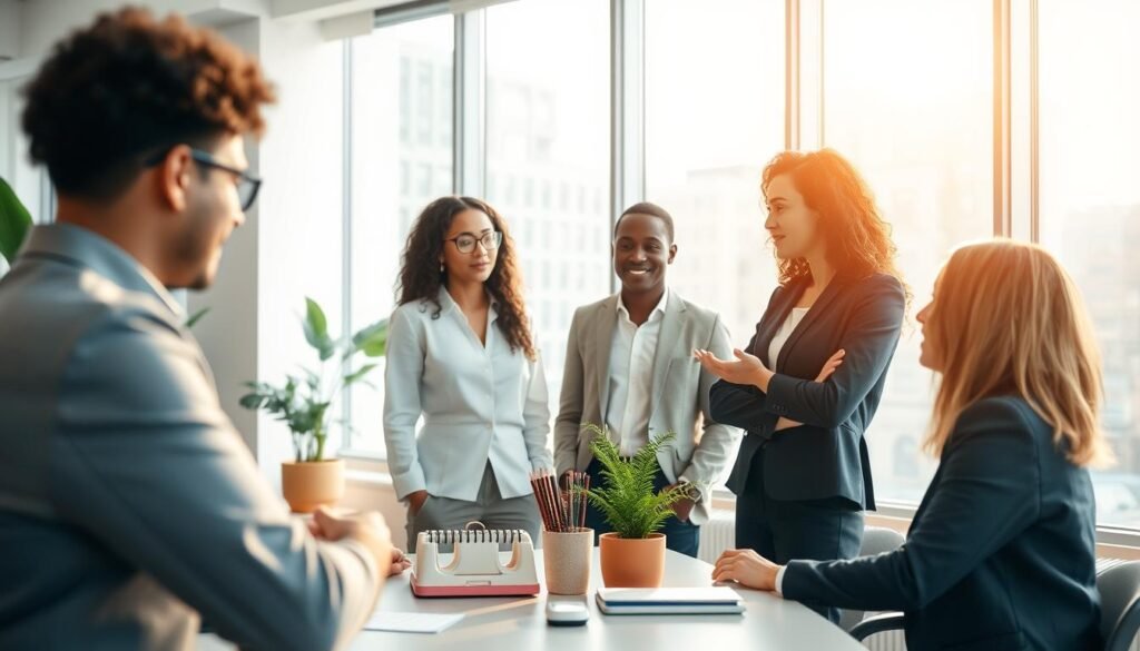 A serene office environment showcasing the importance of mental health at work. In the foreground, a diverse group of professionals—three individuals in smart business attire—are engaging in a collaborative discussion, highlighting teamwork and support. The middle features a modern desk with plants and stress-relief items, symbolizing a healthy workspace. In the background, large windows allow natural light to flood the room, casting a warm, inviting glow throughout. Soft colors dominate the palette, creating a calm and positive atmosphere. The camera angle is slightly elevated, capturing the dynamic interactions among the individuals while emphasizing the openness of the environment. The overall mood is uplifting and focused, encouraging productivity and well-being in the workplace.