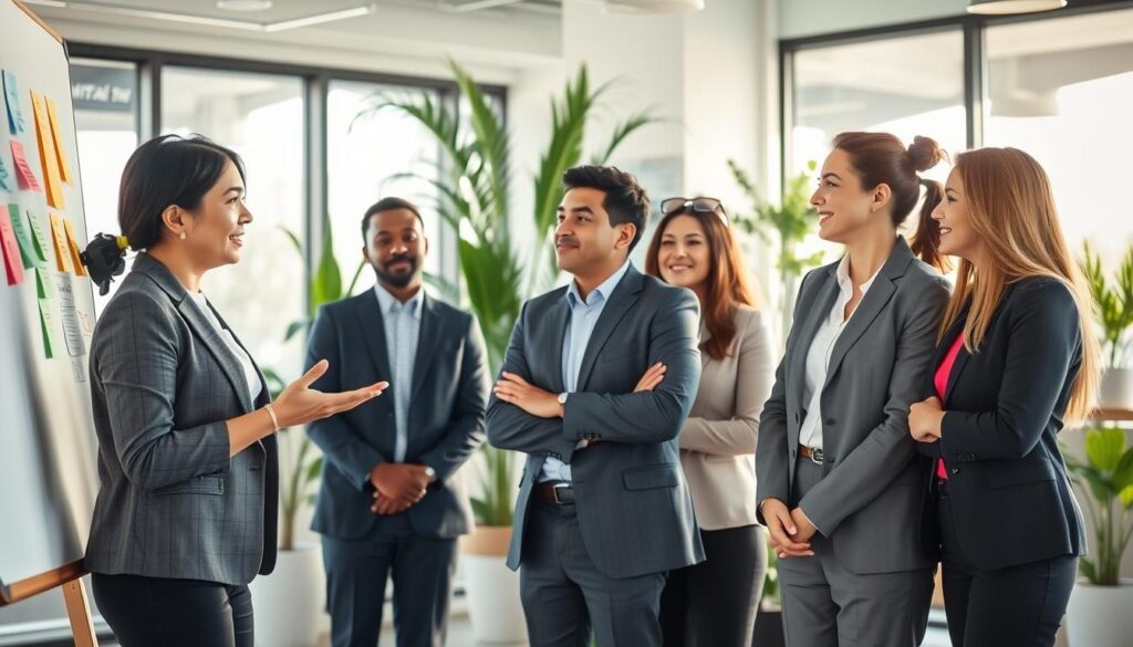 A vibrant corporate office space promoting mental health awareness, featuring a diverse group of professionals in business attire engaged in a supportive discussion. In the foreground, a woman of Asian descent shares ideas, gesturing toward a whiteboard with colorful notes. In the middle, a group of three employees, including a Black man and a Hispanic woman, listen attentively, displaying positive body language. The background showcases large windows with sunlight streaming in, illuminating plants and modern decor that conveys a peaceful atmosphere. The composition should exude collaboration, support, and a focus on mental well-being, captured with soft lighting and a slightly angled view for depth. Aim for an uplifting mood that emphasizes the importance of mental health as a competitive advantage in the workplace.