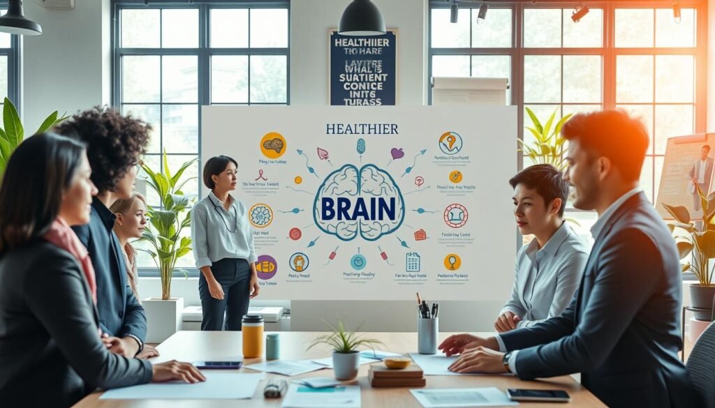 A vibrant, visually engaging representation of a 'Healthier Brain Program' concept in a modern office setting. In the foreground, a diverse group of professionals, dressed in smart business attire, are collaborating on a project, showcasing teamwork and positivity. In the middle ground, a large, beautifully illustrated infographic displays key elements of mental health awareness, with symbols like brains, gears, and plants, conveying growth and development. The background features large windows letting in natural light, illuminating a stylish workspace filled with greenery and motivational posters. The atmosphere is uplifting and inspiring, with warm, inviting colors creating a sense of hope and productivity. The image is shot from an elevated angle, highlighting the dynamic interaction among the individuals while maintaining a focus on the important themes of mental well-being and collaboration.