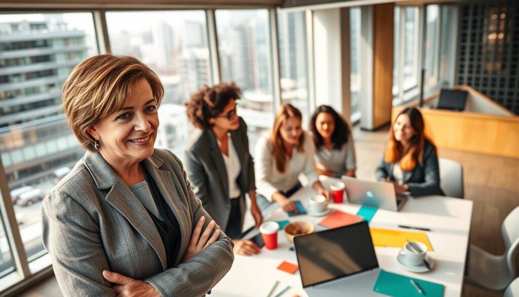 A multidisciplinary team led by Jo Furlan, composed of diverse professionals in a bright, modern office environment. The foreground features Jo Furlan, a middle-aged individual with a confident demeanor, dressed in smart business attire, discussing ideas with team members. The middle section showcases other team members—two women and one man—engaged in collaboration around a large table filled with laptops, coffee cups, and colorful notepads. In the background, large windows let in natural light, revealing a bustling urban landscape. The mood is dynamic and inspiring, reflecting innovation in mental health initiatives. The camera angle is slightly elevated, capturing the energy of teamwork. Emphasize warm lighting to enhance the friendly atmosphere and a sense of purpose among the team. A multidisciplinary team led by Jo Furlan, composed of diverse professionals in a bright, modern office environment. The foreground features Jo Furlan, a middle-aged individual with a confident demeanor, dressed in smart business attire, discussing ideas with team members. The middle section showcases other team members—two women and one man—engaged in collaboration around a large table filled with laptops, coffee cups, and colorful notepads. In the background, large windows let in natural light, revealing a bustling urban landscape. The mood is dynamic and inspiring, reflecting innovation in mental health initiatives. The camera angle is slightly elevated, capturing the energy of teamwork. Emphasize warm lighting to enhance the friendly atmosphere and a sense of purpose among the team.