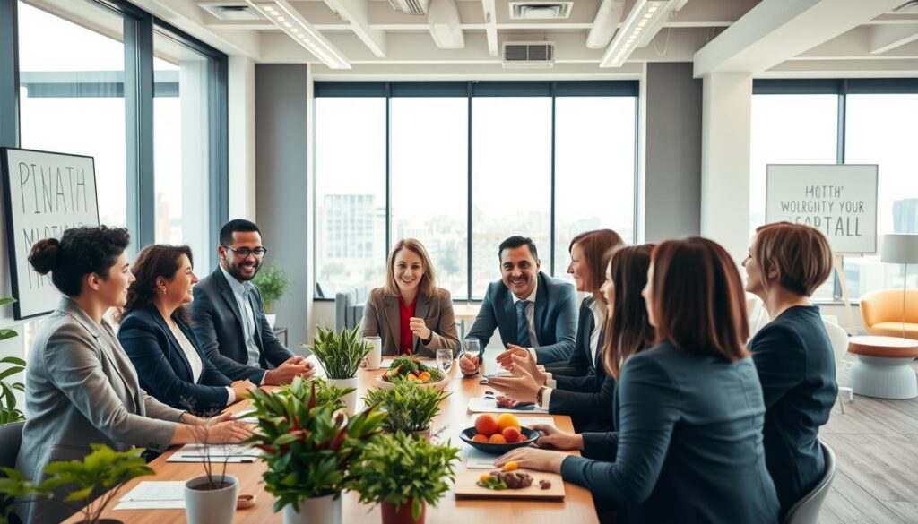 A professional business meeting taking place in a bright, modern office environment. In the foreground, a diverse group of leaders, dressed in professional attire, are engaged in a collaborative discussion around a table filled with plants and healthy snacks, symbolizing well-being. In the middle, large windows let in natural light, creating an inviting atmosphere, with a view of a green cityscape outside. The leaders exhibit positive body language, emphasizing teamwork and support. In the background, motivational art and comfortable seating areas can be seen, promoting a healthy workplace. The mood is uplifting and encouraging, highlighting the importance of leadership in fostering a positive work culture focused on mental health. The lighting is soft and warm, contributing to a welcoming ambiance. A professional business meeting taking place in a bright, modern office environment. In the foreground, a diverse group of leaders, dressed in professional attire, are engaged in a collaborative discussion around a table filled with plants and healthy snacks, symbolizing well-being. In the middle, large windows let in natural light, creating an inviting atmosphere, with a view of a green cityscape outside. The leaders exhibit positive body language, emphasizing teamwork and support. In the background, motivational art and comfortable seating areas can be seen, promoting a healthy workplace. The mood is uplifting and encouraging, highlighting the importance of leadership in fostering a positive work culture focused on mental health. The lighting is soft and warm, contributing to a welcoming ambiance.